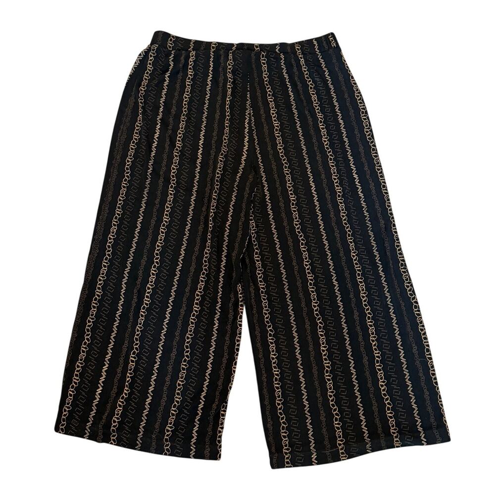 Chicos Travelers XL Sz 3 Black Gold Chain Print Wide Leg Pants Liquid Knit Soft